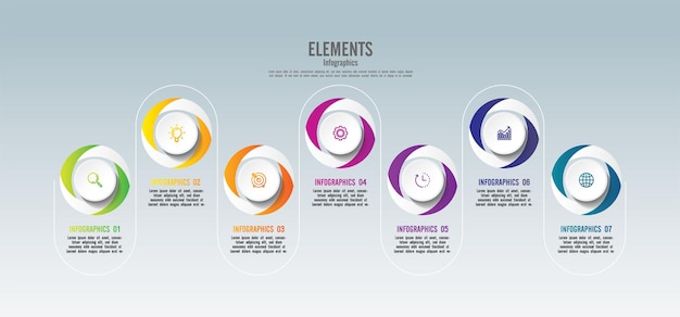 Infografikschablone des präsentationsgeschäfts kreisen bunte elemente mit 7 schritten ein