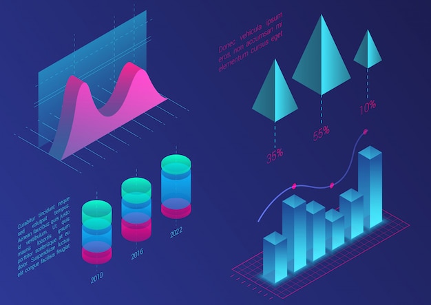 Infografische isometrische Diagrammelemente. Diagramme zu Daten- und Geschäftsfinanzdiagrammen. Statistikdaten. Farbverlaufsvorlage für Präsentation, Verkaufsbanner, Einkommensberichtsentwurf, Website.