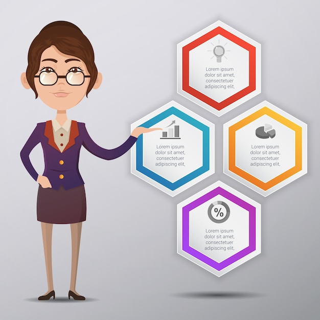 Vektor infografische vorlage design mit business woman charakter