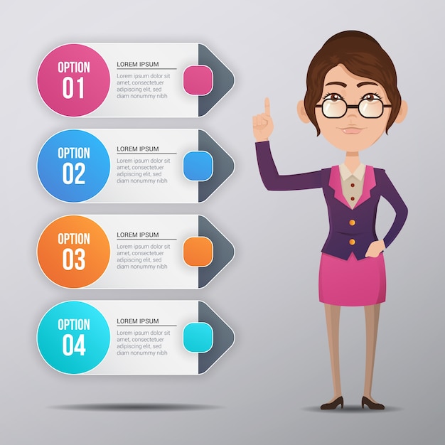 Vektor infografische vorlage design mit business woman charakter