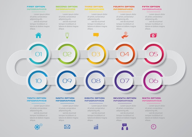 Infographic Element mit 10 Schritten Zeitachsediagramm.