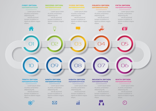 Infographic element mit 10 schritten zeitachsediagramm.