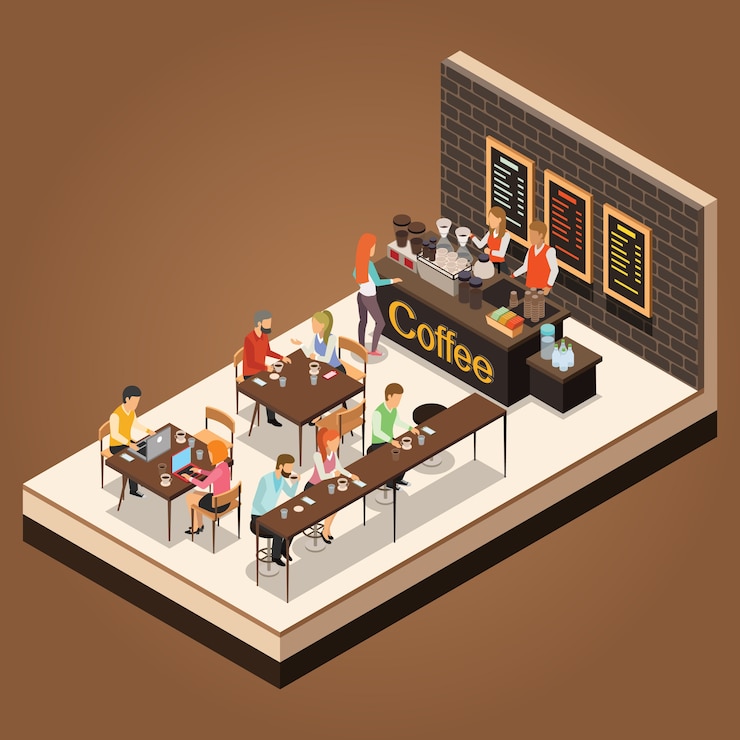 Infographic-isometrisches Kaffeestube-Vektordesign