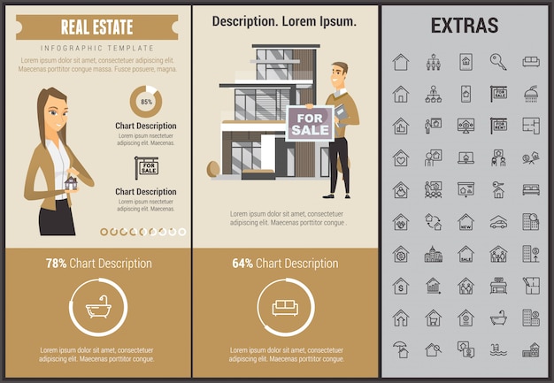 Infographic schablone der immobilien, elemente, ikonen