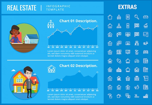 Infographic schablone der immobilien, elemente, ikonen