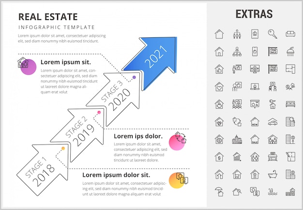 Infographic schablone der immobilien, elemente, ikonen