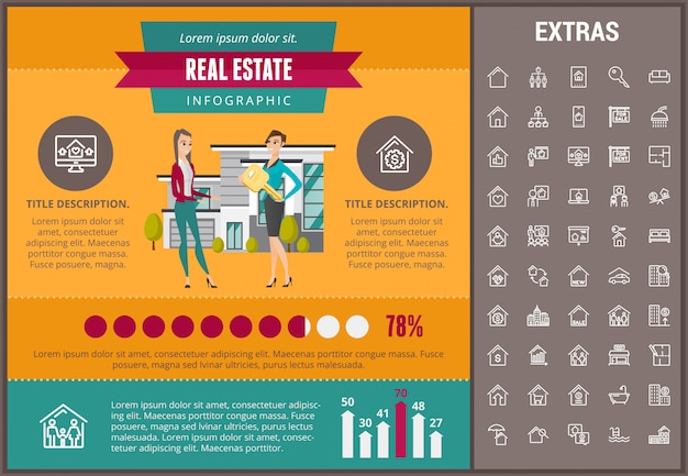 Infographic schablone der immobilien, elemente, ikonen