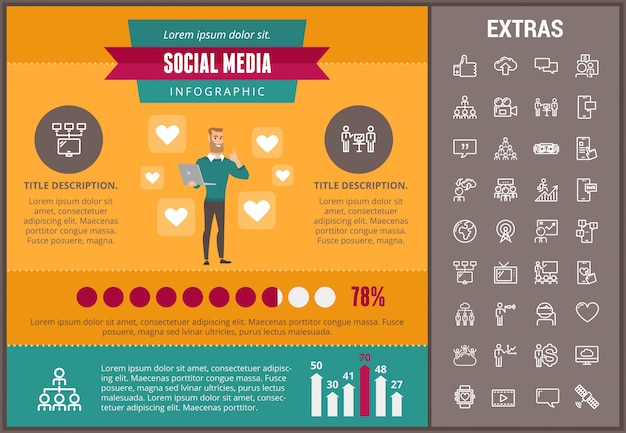 Infographic schablone des social media, elemente, ikonen
