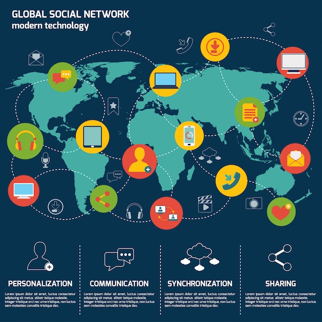 Infographic schablone des sozialen netzes mit weltkarte