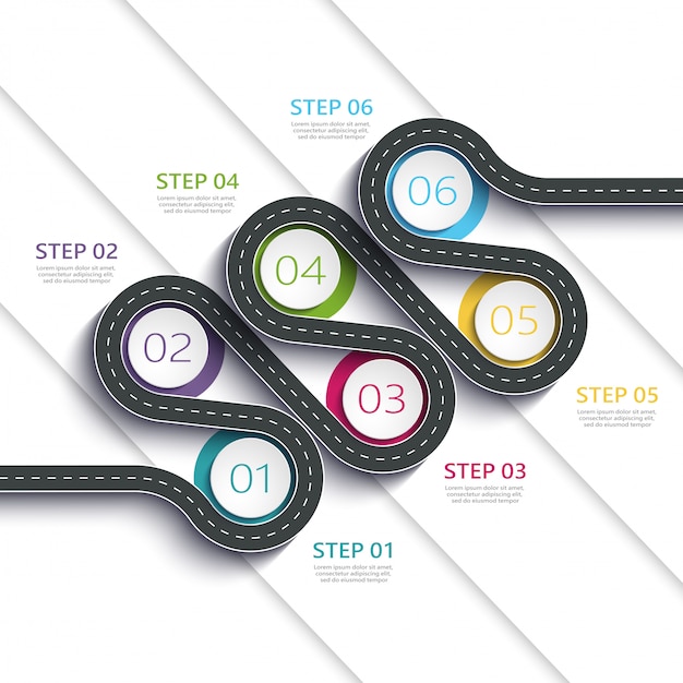 Infographic schablone des weisenstandorts der kurvenreichen straße mit einer gestaffelten struktur