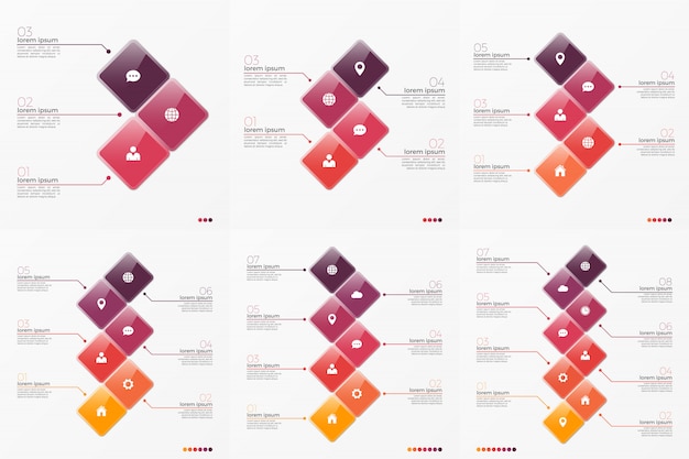 Infographic schablone des zeitachse-diagramms mit 3 und 8 wahlen