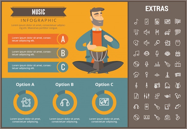 Infographic schablone, elemente und ikonen der musik