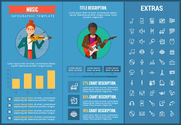 Infographic schablone, elemente und ikonen der musik