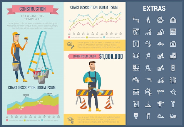 Vektor infographic schablone und ikonen des baus eingestellt