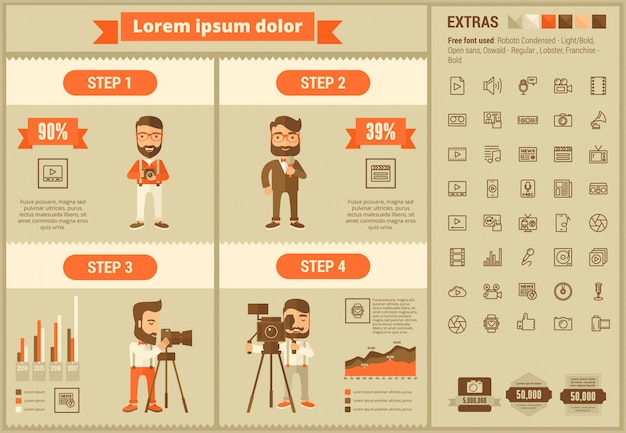 Infographic schablone und ikonen des flachen designs der medien eingestellt