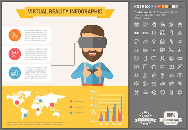 Infographic schablone und ikonen des flachen designs der virtuellen realität eingestellt