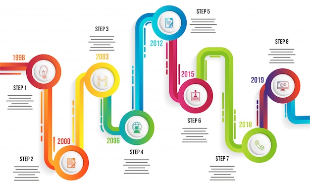 Vektor infographic-schablonendesign des jahreszeitachse mit acht niveaus für