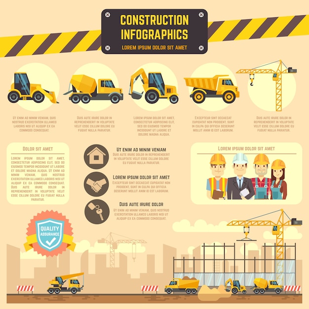 Infographic vektorschablone des baus mit baumaschinen, diagrammen, diagrammen für geschäft