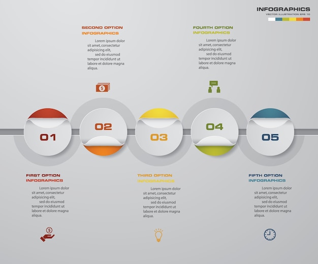 Infographics zeitachse mit 5 schritten für darstellung.