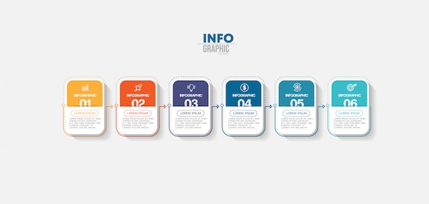Infographik Element mit Symbolen und 6 Optionen oder Schritte. Kann für Prozess, Präsentation, Diagramm, Workflow-Layout, Infografik, Webdesign verwendet werden.
