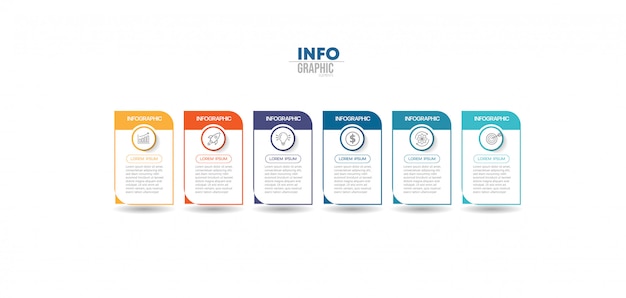 Infographik Element mit Symbolen und 6 Optionen oder Schritte. Kann für Prozess, Präsentation, Diagramm, Workflow-Layout, Infografik, Webdesign verwendet werden.