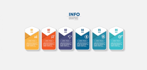 Infographik Element mit Symbolen und 6 Optionen oder Schritte. Kann für Prozess, Präsentation, Diagramm, Workflow-Layout, Infografik, Webdesign verwendet werden.