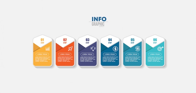 Infographik element mit symbolen und 6 optionen oder schritte. kann für prozess, präsentation, diagramm, workflow-layout, infografik, webdesign verwendet werden.