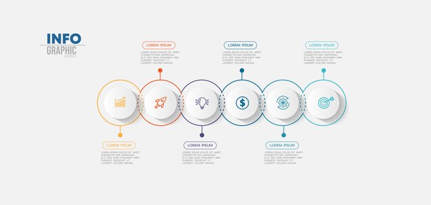 Infographik element mit symbolen und 6 optionen oder schritte.