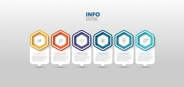 Infographik element mit symbolen und 6 optionen oder schritte.