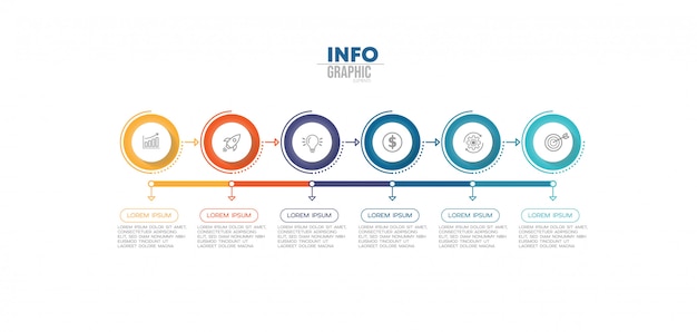 Infographik element mit symbolen und 6 optionen oder schritte.