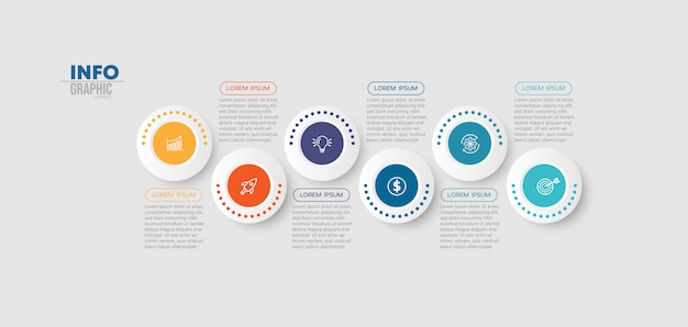 Infographik element mit symbolen und 6 optionen oder schritte.