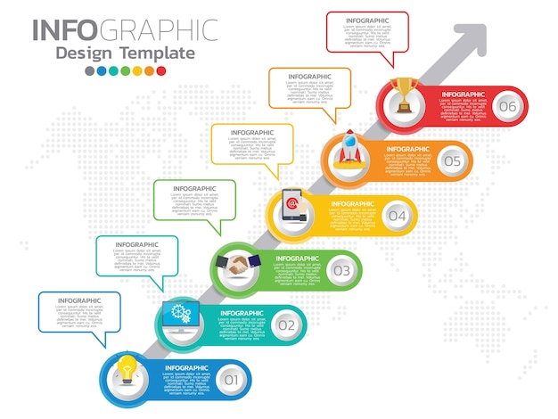 Infographik template design mit 6 farboptionen.