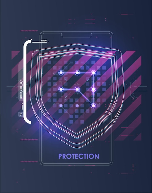 Vektor informationsdaten und netzwerkschutz schild schützen symbol internet-privatsphäre und -sicherheit zukünftiges technologie-unternehmenssicherheitssystem