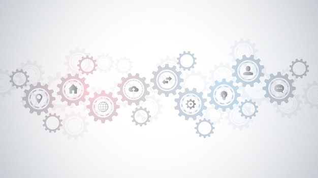 Informationstechnologie mit infografik-elementen und flachen symbolen. zahnräder und zahnradmechanismen. hightech-digitaltechnologie und -technik. abstrakter technischer hintergrund.