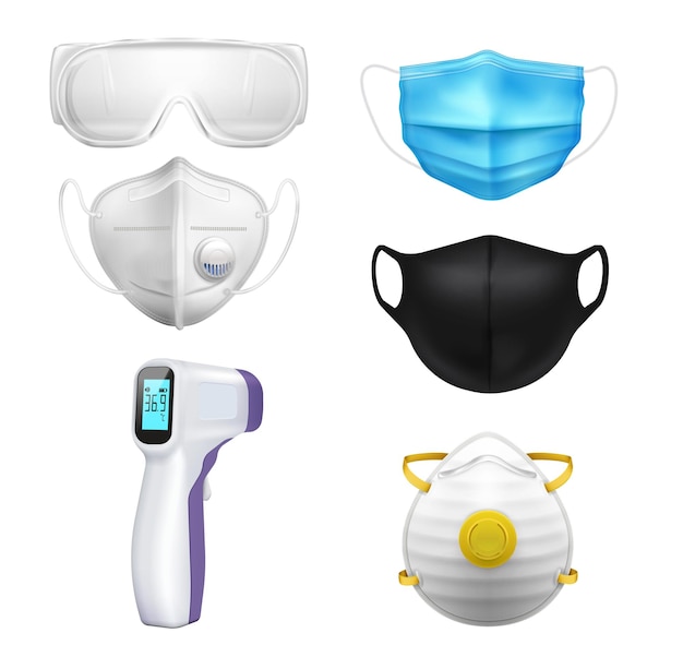 Infrarot-thermometer coronavirus realistischer großer satz isolierter symbole mit bildern von maskenbrillen und atemschutzvektorillustration