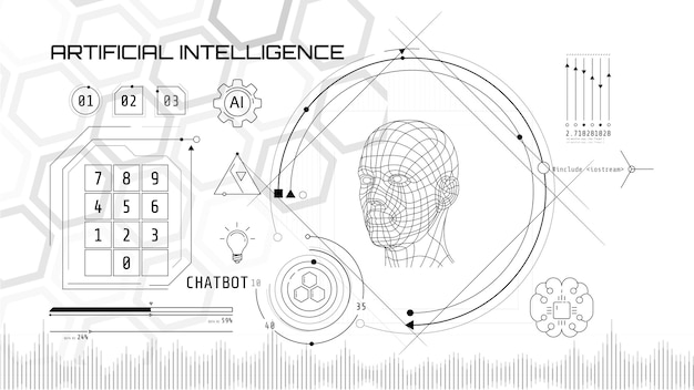 Vektor ingebaute künstliche intelligenz in einem technologie-kreis mit einem d-kopf auf einem abstrakten hintergrund