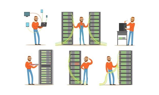 Ingenieur, der im Serverraum des digitalen Computerzentrums und der Datenunterstützung arbeitet