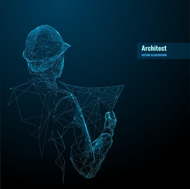 Ingenieur oder Architekt mit Schutzhelm, der eine Blaupause hält Abstrakte digitale Vektorillustration im Dunkeln