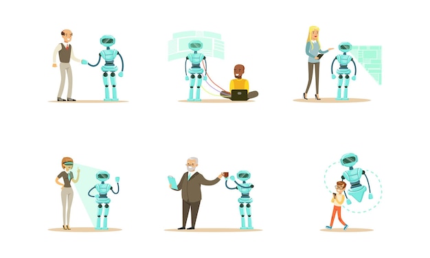 Ingenieure bauen und programmieren Roboter Set Roboter entwerfen und reparieren Künstliche Intelligenz Technologie Cartoon Vektor-Illustration