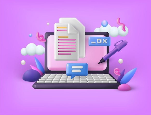 Inhaltsbearbeitung 3D-Laptop und Copywriting-Technologie Textschreiber Kurz für den Kurs Geschäfts-Digital-Editor Grammatikverbesserung Dokument und Stift Blog-Copywriter Vektor genaue Illustration