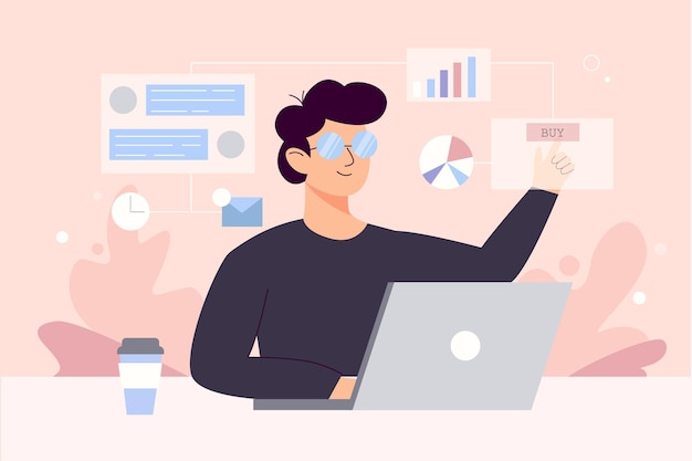 Inhaltsmanager bei der Arbeit Hand gezeichnet. Multitasking-Kompetenzkonzept. Verantwortlicher Mann für SMM-Strategieprozesse, Zeichentrickfigur. Freiberuflicher E-Mail-Marketing-Analyst.