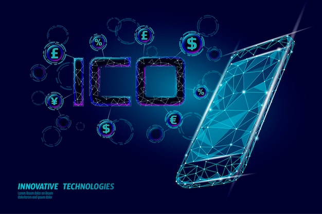Initial Coin mit ico-Buchstaben Technologiekonzept Business Finance Economy Low-Poly-Design-Stil Währung Krypto-Banking Online-Angebot Internet-Commerce-Blockchain-Vektor-Illustration