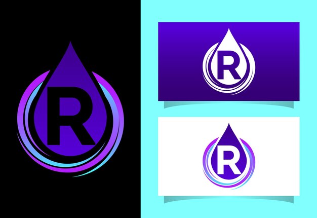 Initial r-monogramm-alphabet mit wassertropfen in einer spiralförmigen wassertropfen-logo-design-vektor-vorlage