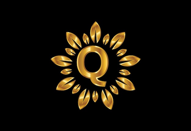 Initiales Q-Monogramm-Buchstabenalphabet mit goldenem Blattkranz. Blumenlogo-Designkonzept