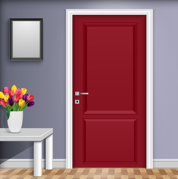 Innenarchitektur mit roten Tür- und Tulpenblumen