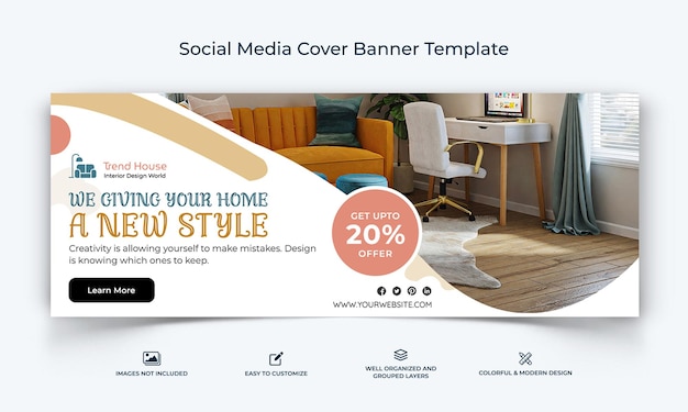 Innenarchitektur Social Media Facebook-Cover-Banner-Vorlage Premium-Vektor
