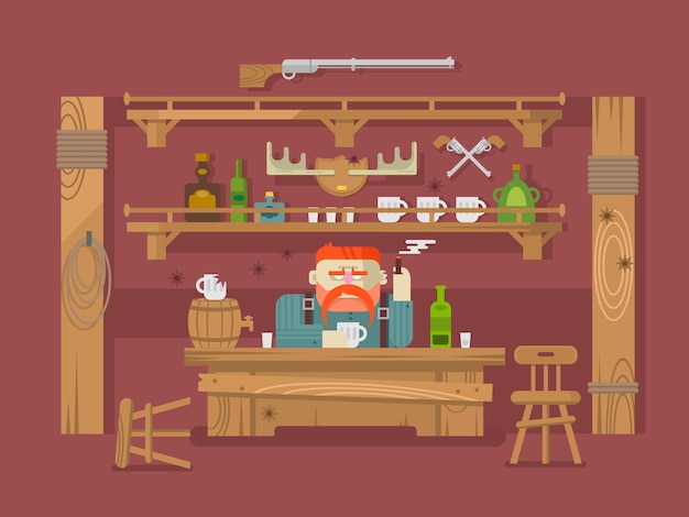 Innenraum der bar. sternmann und alkoholbier, taverne oder kneipe, flache vektorillustration