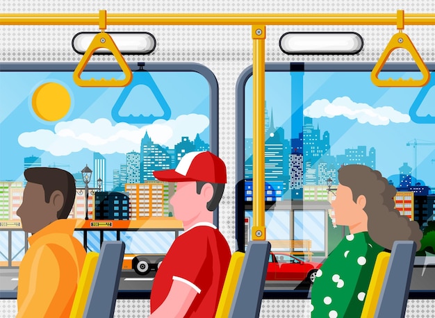 Innenraum des bussalons öffentlicher stadtverkehr leere lounge im modernen bus sitze fenster und handlauf griffe für den sicheren transport von passagieren cartoon flat vector illustration