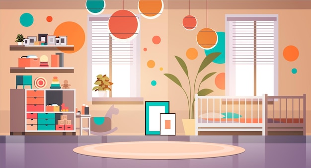 Innenraum des Kinderzimmers leer, keine Menschen, Babyzimmer mit horizontalem Holzbett