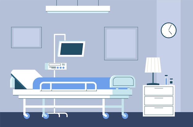 Vektor innenraum des krankenhauszimmers. moderne intensivtherapiestation mit bett auf rädern und notfallklinik für medizinische geräte mit möbelmonitor und dropper-gesundheitsvektor-flat-aid-konzept in blauen farben
